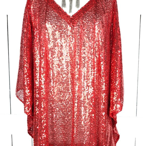 Red sequins kimono vneck caftan cover up tunic dress - Picture 3 of 5
